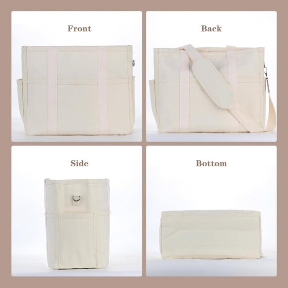 Large Canvas Tote Bag with Multiple Pockets, Travel Work Shoulder Bag - Picture 3 of 6